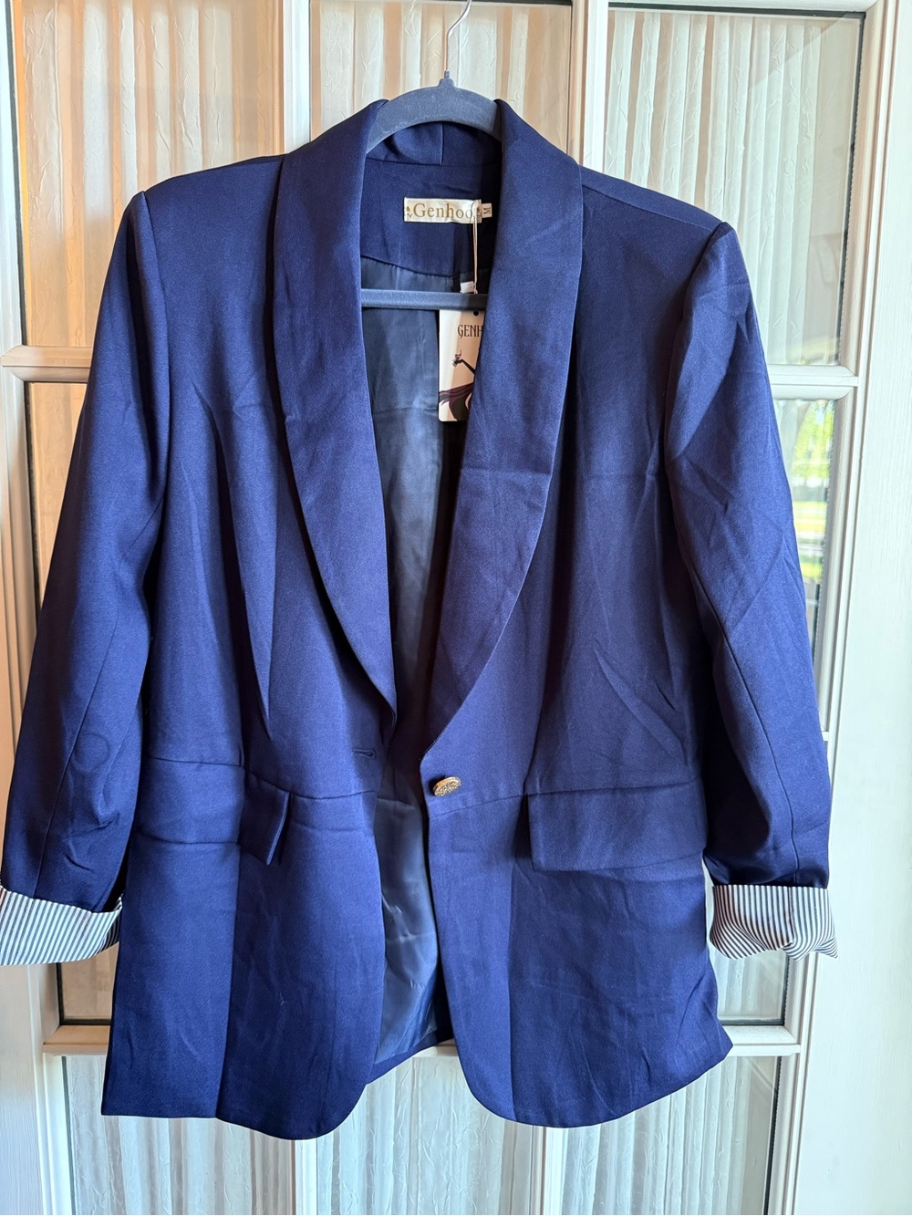 Women's Medium Business Casual Blazer Padded Shoulders Striped Cuffs in Navy